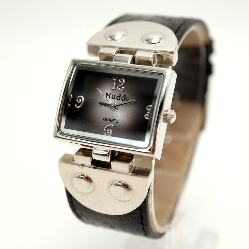 Mudd Silver Tone 29mm Rectangle Womens Watch Black Faux Leather w New Battery